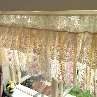 Handmade Custom Beige Pink Embroidered Flowers Lace Valance, Farmhouse Country Kitchen Curtains, Shabby Chic Cafe Curtains, H-25inch (63cm) - UDreamHome