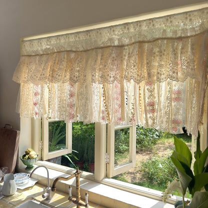 Handmade Custom Beige Pink Embroidered Flowers Lace Valance, Farmhouse Country Kitchen Curtains, Shabby Chic Cafe Curtains, H-25inch (63cm) - UDreamHome
