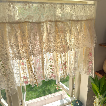 Handmade Custom Beige Pink Embroidered Flowers Lace Valance, Farmhouse Country Kitchen Curtains, Shabby Chic Cafe Curtains, H-25inch (63cm) - UDreamHome