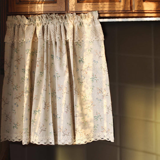 Green Flower Plant Cotton Linen Half Curtains, Rustic Country Short Curtains, Cafe Curtains, Printing Curtain, New Farmhouse Kitchen Curtain
