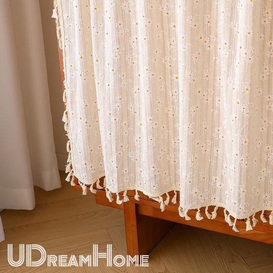 Linen Cafe Short Curtain, Daisy Cabinet Curtain, Kitchen Hideaway Curtain, Yellow Orange White Daisy Flower Cotton Linen Curtain with Tassel