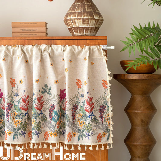 Floral Cotton Linen Cafe Curtain: Rustic Farmhouse Decor