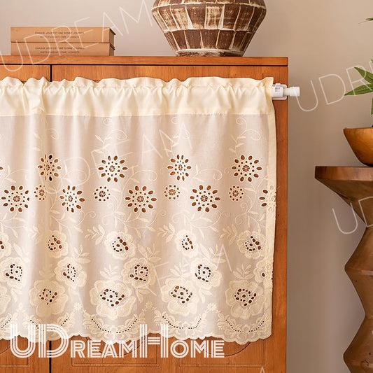 Vintage French Embroidery Cafe Curtain: Beige Floral Lace, Farmhouse Style