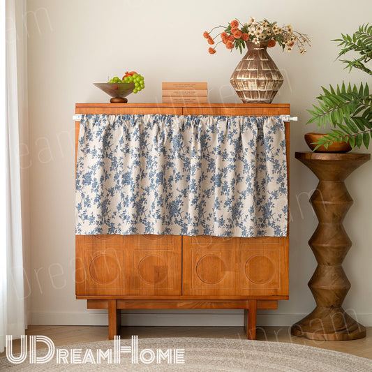 Linen Cafe Short Curtains, Blue Roses Flowers Vines Cabinet Curtains, Kitchen Hideaway Curtains, Flower Cotton Linen Curtains with Tassel