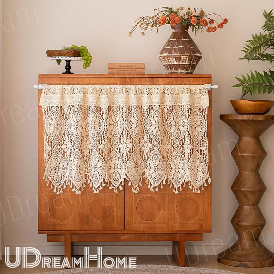 Beige Lace Crochet Hollow Stripes Short Curtains, Flower Cafe Curtains with Tassel, Country Farmhouse Kitchen Half Curtains, Gifts