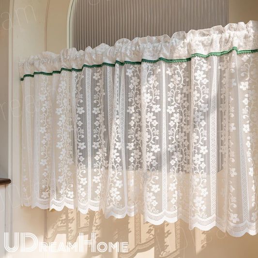 White Retro Embroidered Flower Short Curtain, French Style Lace Sheer Curtain, Valance Lace Floral Curtains, Farmhouse Curtain, Cafe Curtain