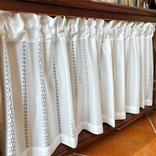 White Sheer Lace Cafe Curtain Panel, Flower Hollow Lace Short Curtain, Striped Jacquard Sheer Curtain, Kitchen Curtain with Pompom Ball Trim
