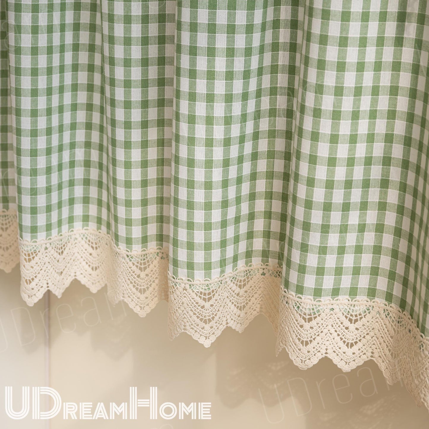 Green Gingham Cafe Curtains Valances with Lace, Farmhouse Country Kitchen Short Curtains, Cotton Linen Half Curtains, Custom Curtains Sizes