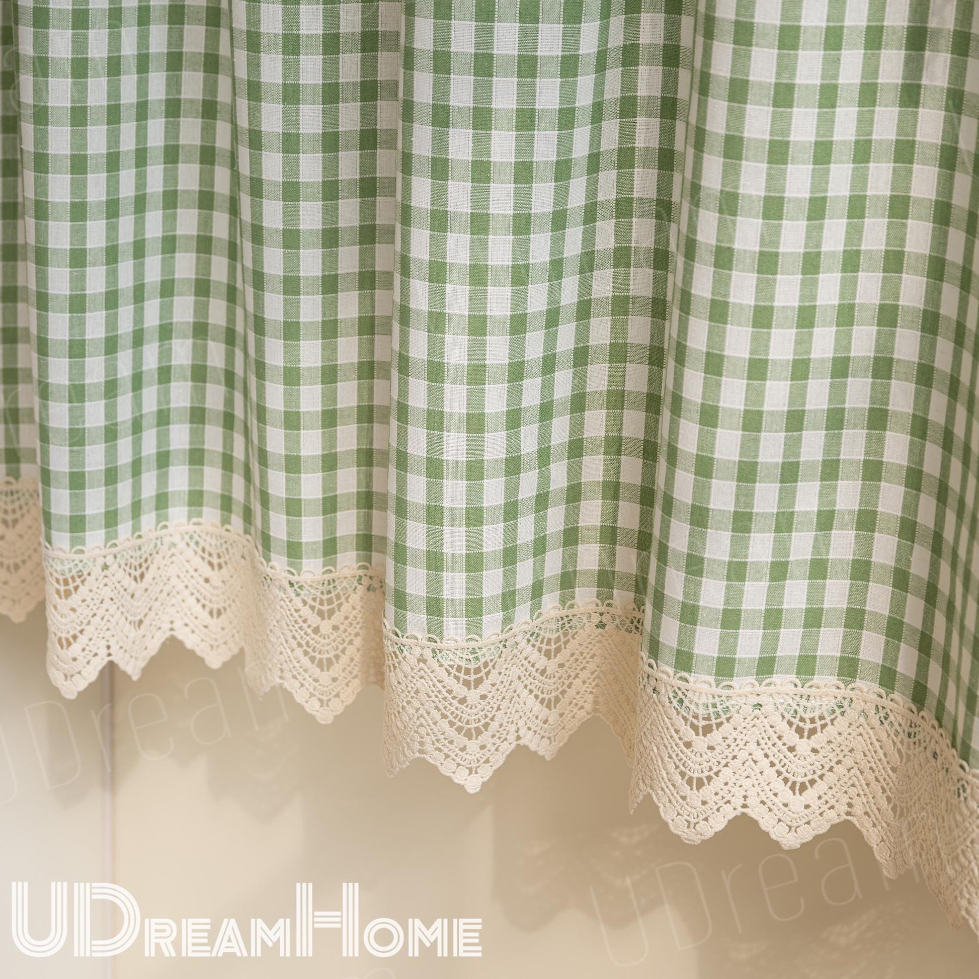 Green Gingham Cafe Curtains Valances with Lace, Farmhouse Country Kitchen Short Curtains, Cotton Linen Half Curtains, Custom Curtains Sizes
