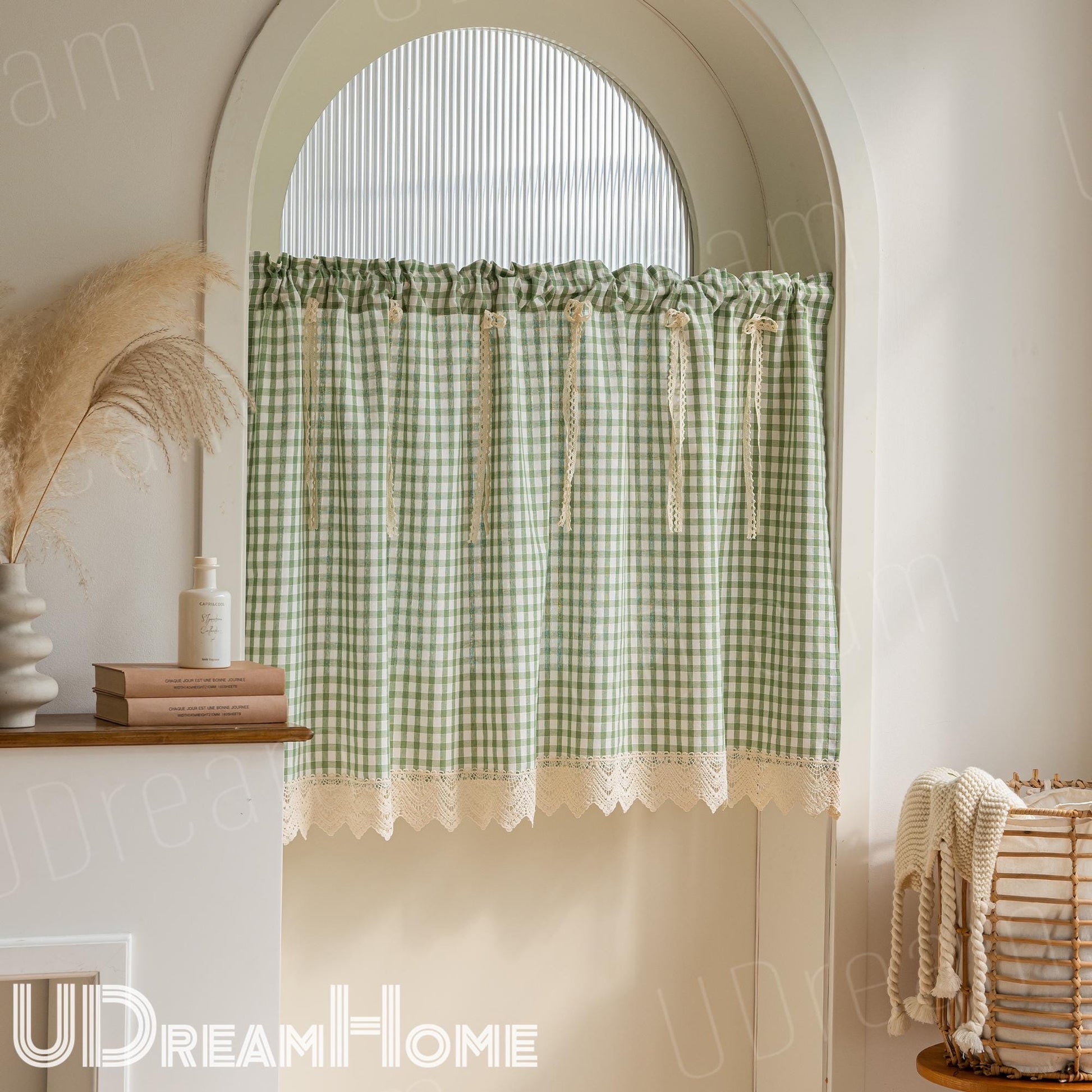 Green Gingham Cafe Curtains Valances with Lace, Farmhouse Country Kitchen Short Curtains, Cotton Linen Half Curtains, Custom Curtains Sizes