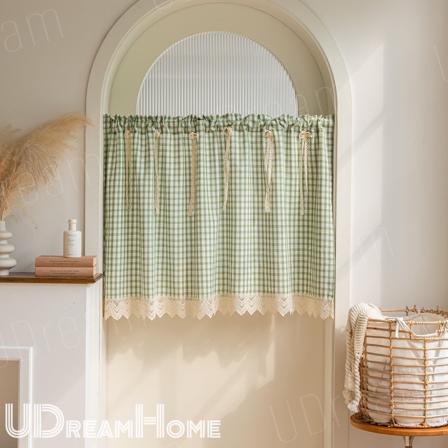 Green Gingham Cafe Curtains Valances with Lace, Farmhouse Country Kitchen Short Curtains, Cotton Linen Half Curtains, Custom Curtains Sizes