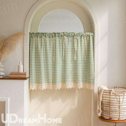 Green Gingham Cafe Curtains Valances with Lace, Farmhouse Country Kitchen Short Curtains, Cotton Linen Half Curtains, Custom Curtains Sizes