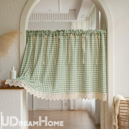Green Gingham Cafe Curtains Valances with Lace, Farmhouse Country Kitchen Short Curtains, Cotton Linen Half Curtains, Custom Curtains Sizes