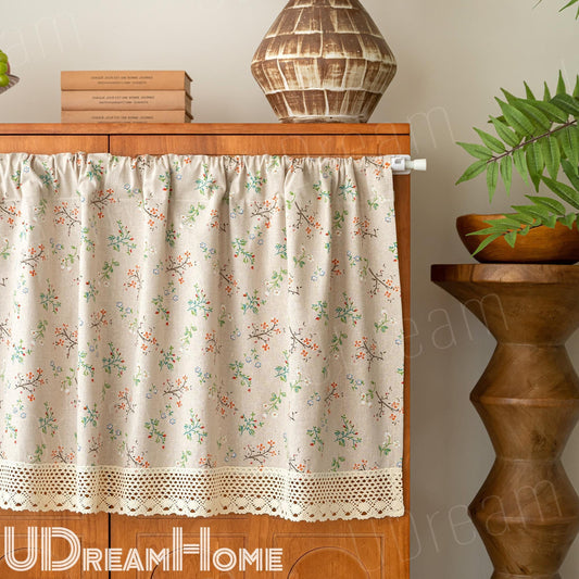 Floral Cotton Linen Cafe Curtain: Rustic Farmhouse Kitchen Decor