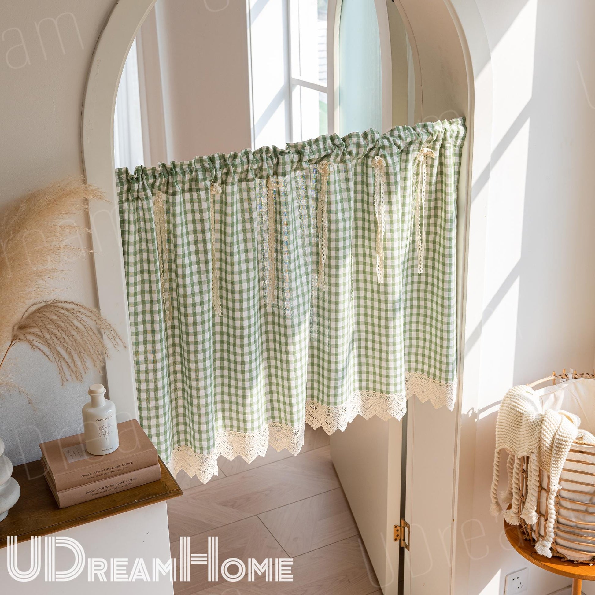 Green Gingham Cafe Curtains Valances with Lace, Farmhouse Country Kitchen Short Curtains, Cotton Linen Half Curtains, Custom Curtains Sizes