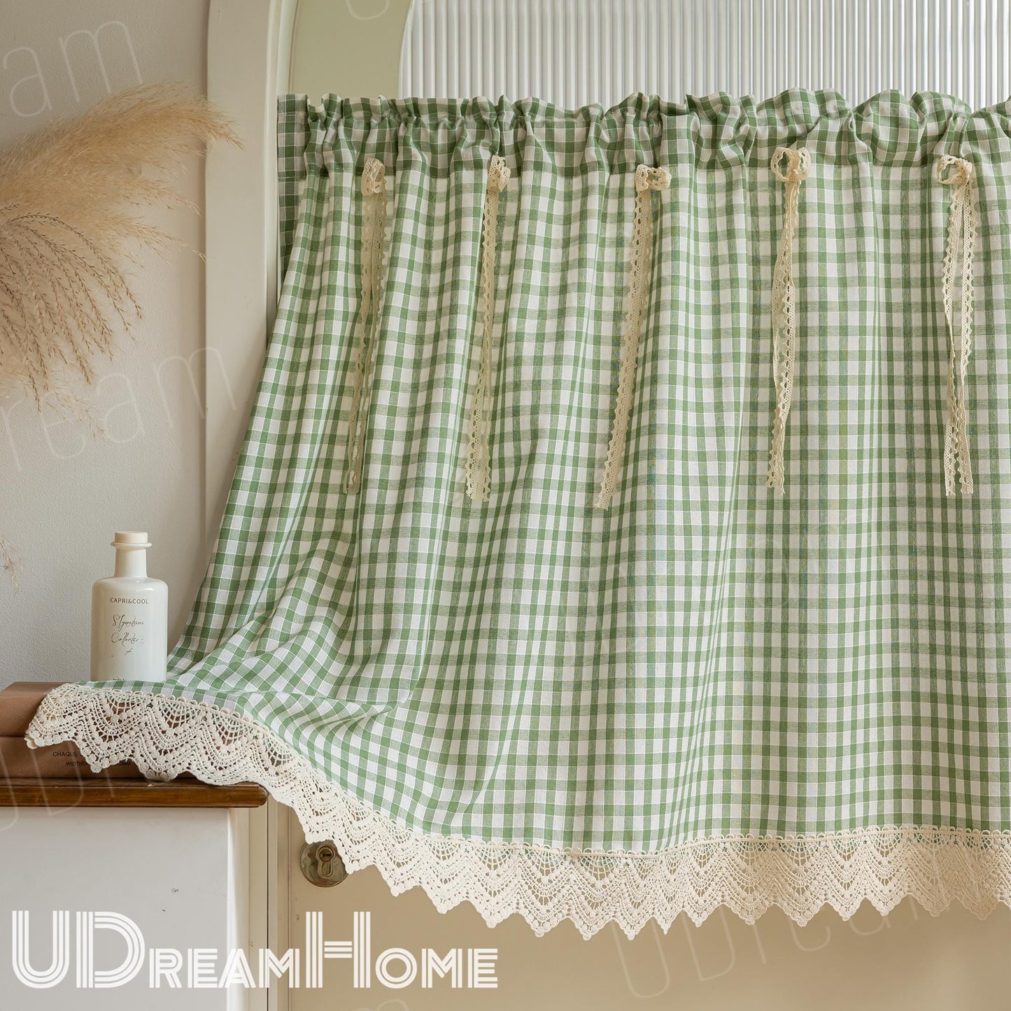 Green Gingham Cafe Curtains Valances with Lace, Farmhouse Country Kitchen Short Curtains, Cotton Linen Half Curtains, Custom Curtains Sizes