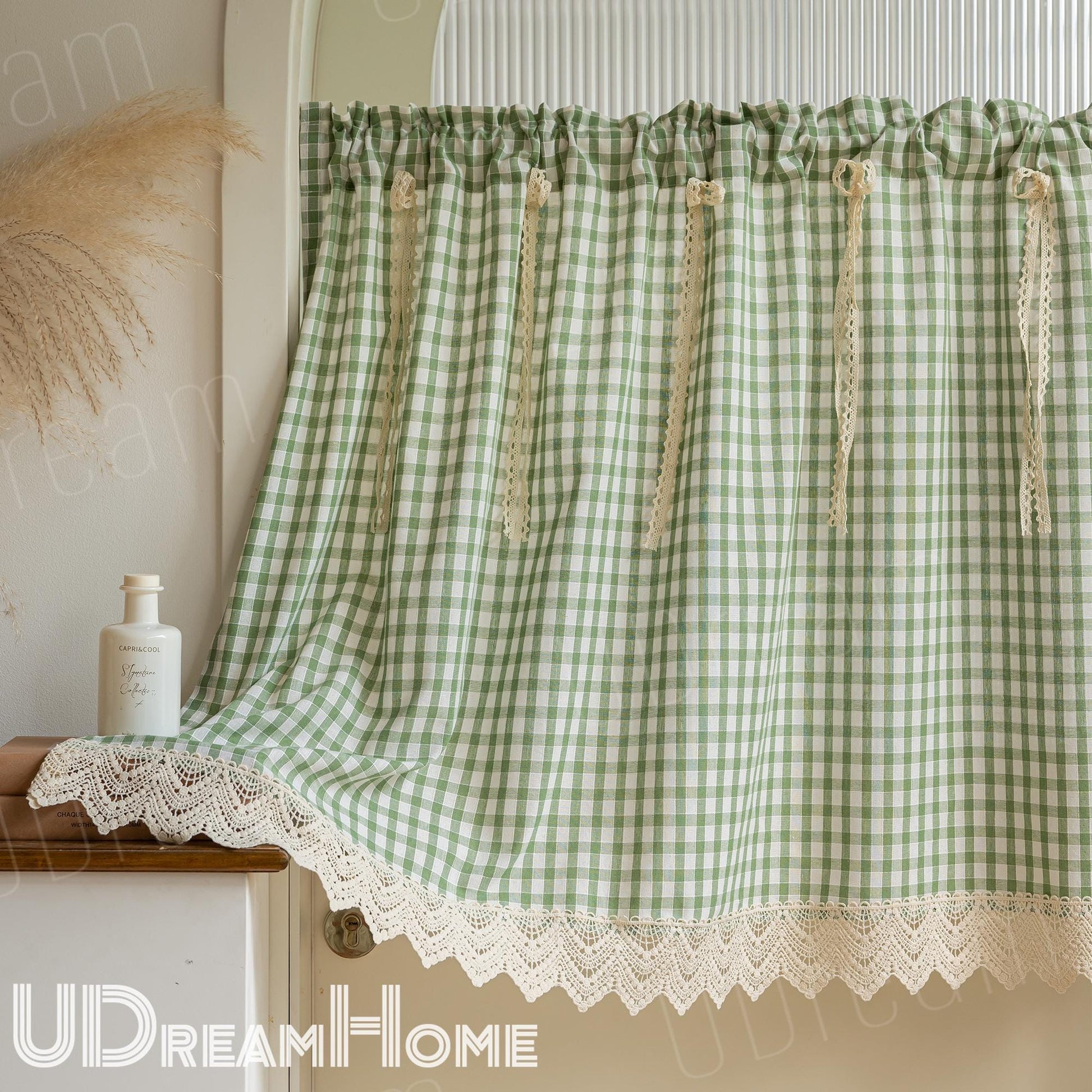 Green Gingham Cafe Curtains Valances with Lace, Farmhouse Country Kitchen Short Curtains, Cotton Linen Half Curtains, Custom Curtains Sizes