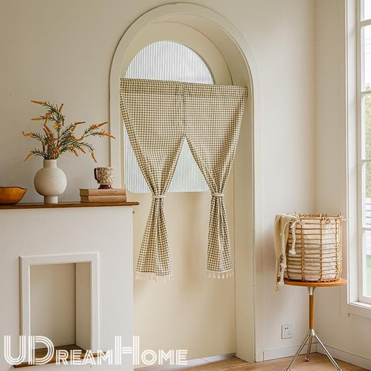 Green Plaid Cotton Linen Noren Curtain: Japanese Doorway Drape