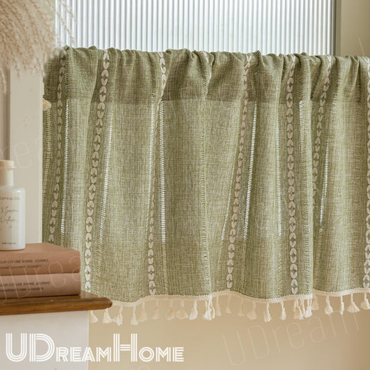 Farmhouse Kitchen Curtains, Green Boho Short Curtains, Cotton Linen Half Curtains, Vintage Country Style Curtains, Cafe Curtain, Custom Size