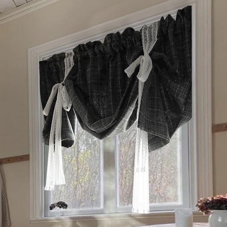 Gray Plaid Tie-Up Valance: Farmhouse Country Kitchen Decor