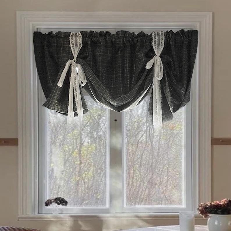 Gray Plaid Tie-Up Valance: Farmhouse Country Kitchen Decor