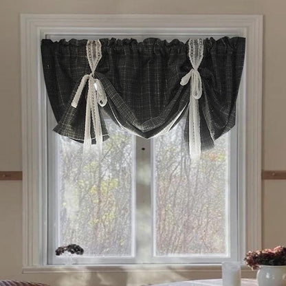 Gray Plaid Tie-Up Valance: Farmhouse Country Kitchen Decor