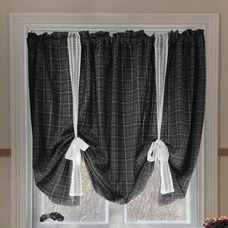 Gray Plaid Tie-Up Valance: Farmhouse Country Kitchen Decor