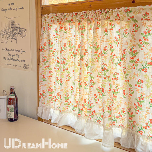 Linen Cafe Curtain, Countryside Orange Wild Flowers Green Leaves Short Curtain with Ruffle Edges, Printed Curtain, Farmhouse Kitchen Curtain