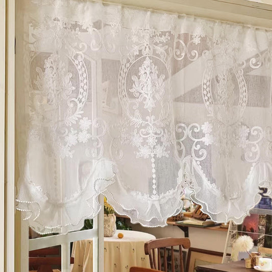 White Retro Embroidered Flower Short Curtain,French Style Lace Sheer Curtain,Small Window Drapes With Floral Embroidered,Lace Floral Curtain