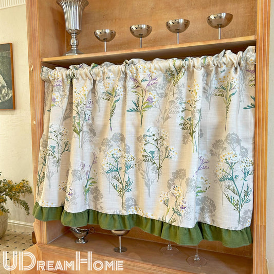 Cafe Curtains, Countryside Garden Branches Green Leaves Short Curtains with Ruffle Edges, Printed Curtains, Farmhouse Kitchen Half Curtains