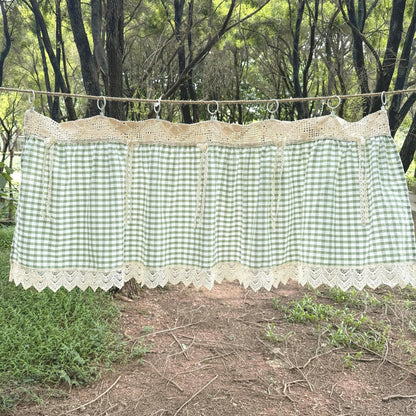 Green Gingham Crochet Cafe Curtains Valances with Lace, Farmhouse Country Kitchen Short Curtain, Cotton Linen Curtain, Custom Curtains Sizes