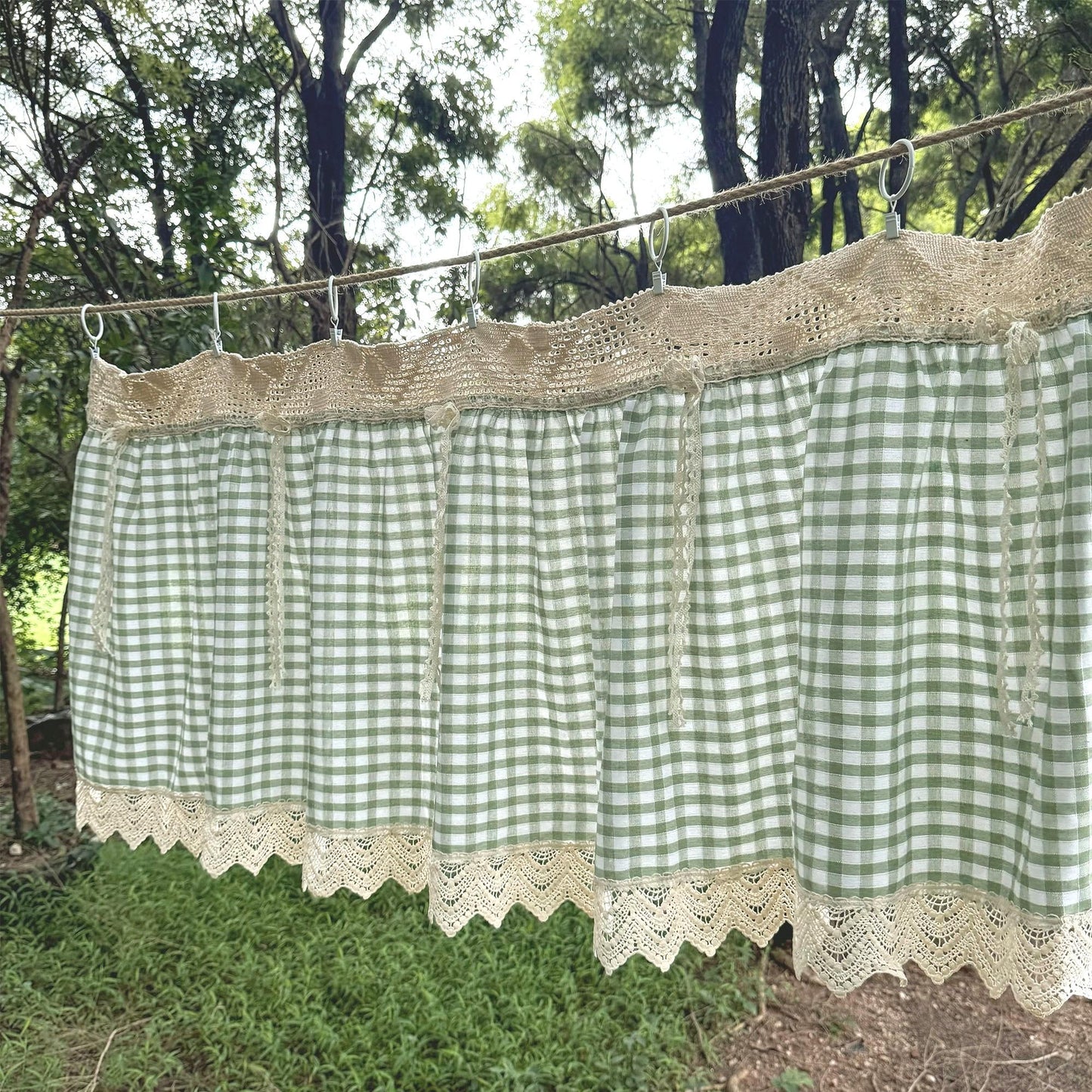 Green Gingham Crochet Cafe Curtains Valances with Lace, Farmhouse Country Kitchen Short Curtain, Cotton Linen Curtain, Custom Curtains Sizes