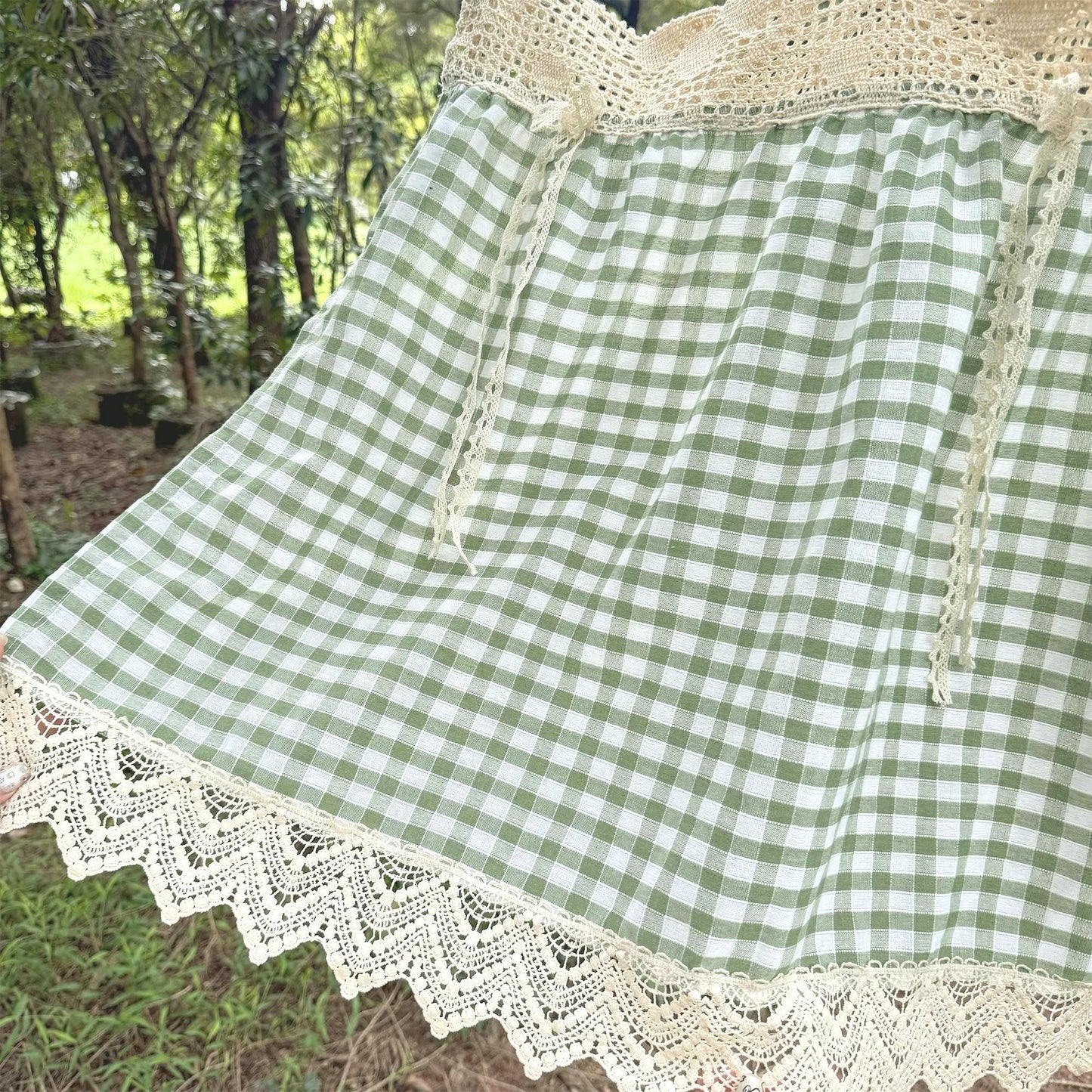 Green Gingham Crochet Cafe Curtains Valances with Lace, Farmhouse Country Kitchen Short Curtain, Cotton Linen Curtain, Custom Curtains Sizes