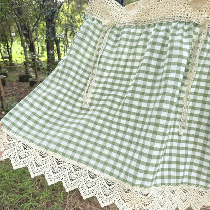 Green Gingham Crochet Cafe Curtains Valances with Lace, Farmhouse Country Kitchen Short Curtain, Cotton Linen Curtain, Custom Curtains Sizes