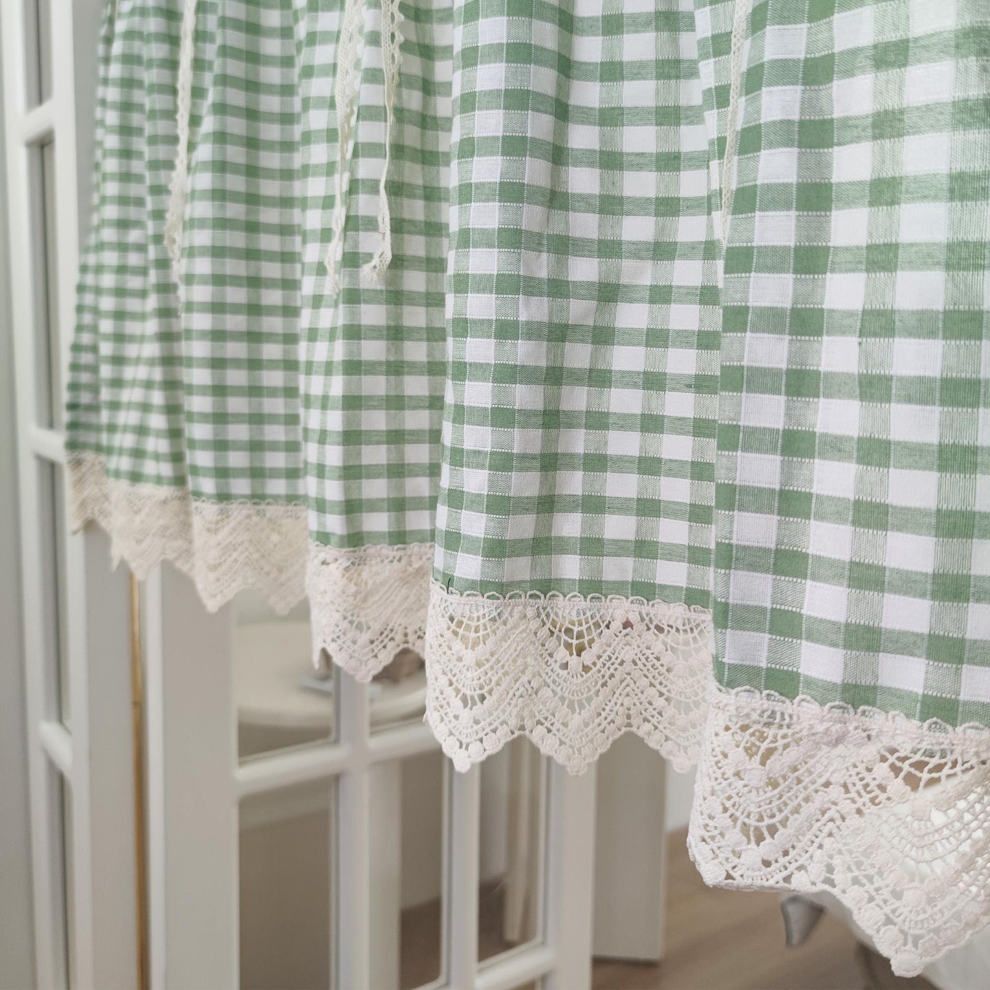 Green Gingham Crochet Cafe Curtains Valances with Lace, Farmhouse Country Kitchen Short Curtain, Cotton Linen Curtain, Custom Curtains Sizes