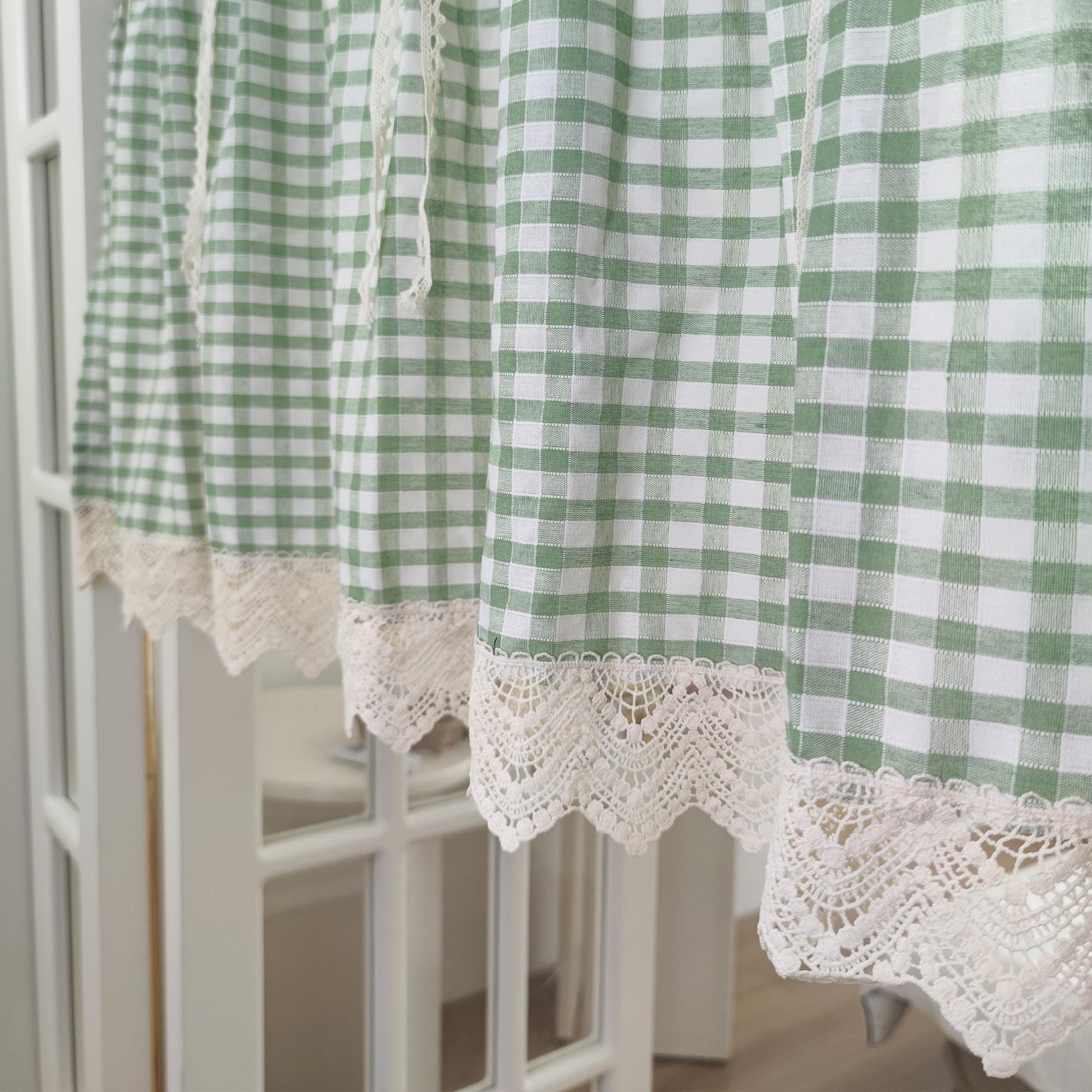 Green Gingham Crochet Cafe Curtains Valances with Lace, Farmhouse Country Kitchen Short Curtain, Cotton Linen Curtain, Custom Curtains Sizes