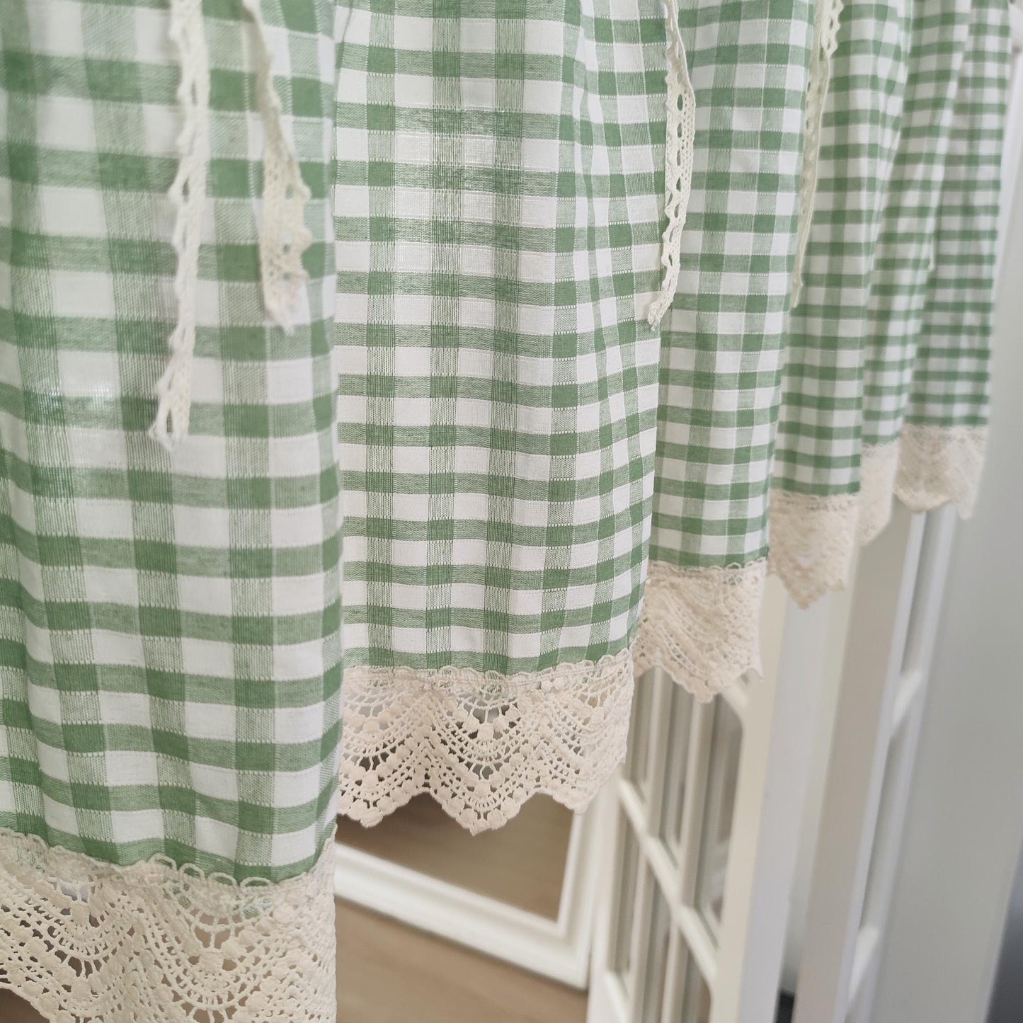 Green Gingham Crochet Cafe Curtains Valances with Lace, Farmhouse Country Kitchen Short Curtain, Cotton Linen Curtain, Custom Curtains Sizes