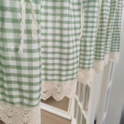 Green Gingham Crochet Cafe Curtains Valances with Lace, Farmhouse Country Kitchen Short Curtain, Cotton Linen Curtain, Custom Curtains Sizes