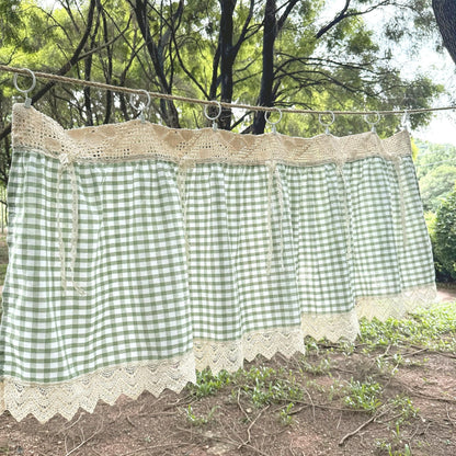 Green Gingham Crochet Cafe Curtains Valances with Lace, Farmhouse Country Kitchen Short Curtain, Cotton Linen Curtain, Custom Curtains Sizes