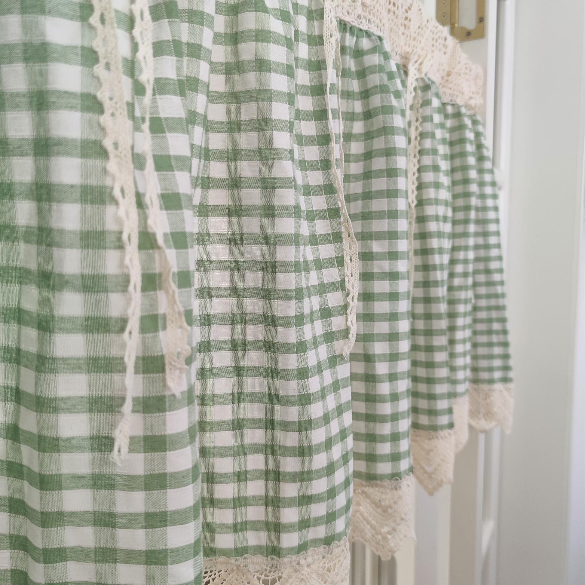 Green Gingham Crochet Cafe Curtains Valances with Lace, Farmhouse Country Kitchen Short Curtain, Cotton Linen Curtain, Custom Curtains Sizes