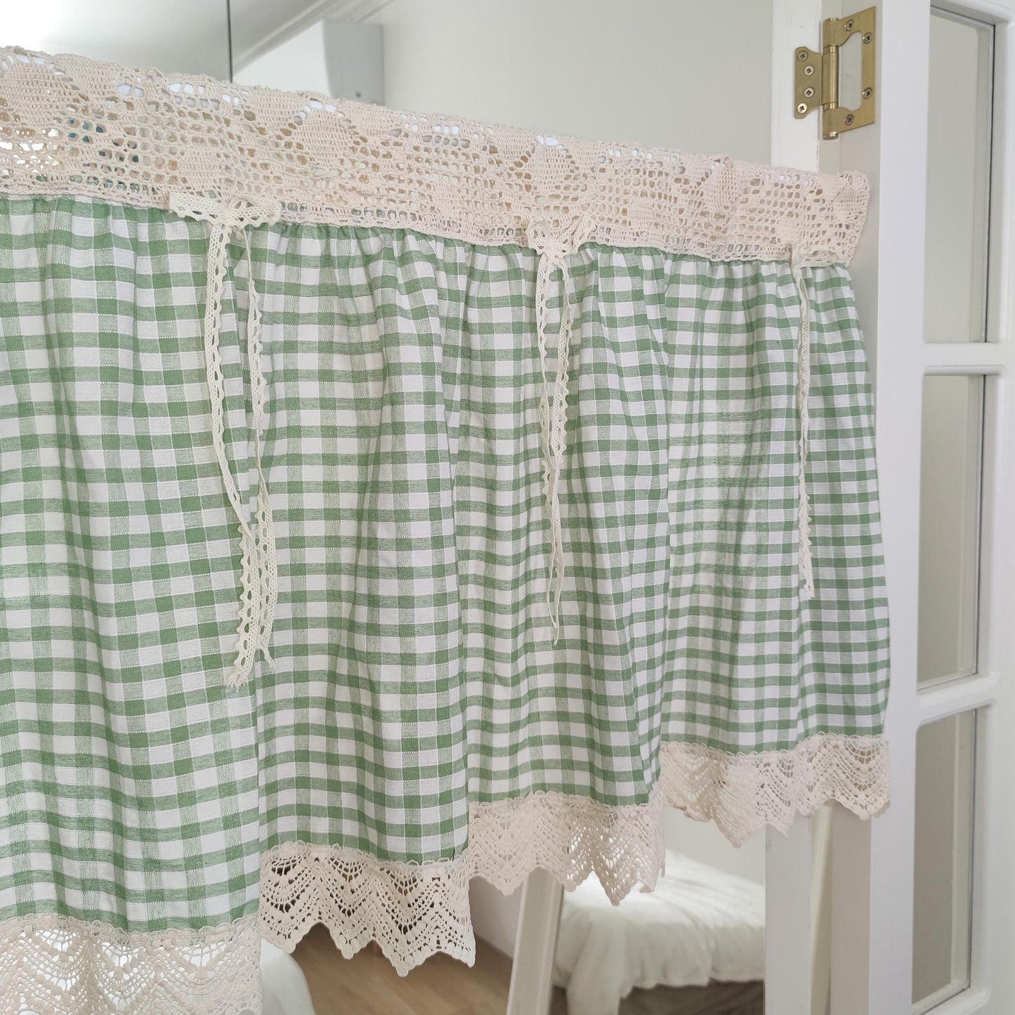 Green Gingham Crochet Cafe Curtains Valances with Lace, Farmhouse Country Kitchen Short Curtain, Cotton Linen Curtain, Custom Curtains Sizes