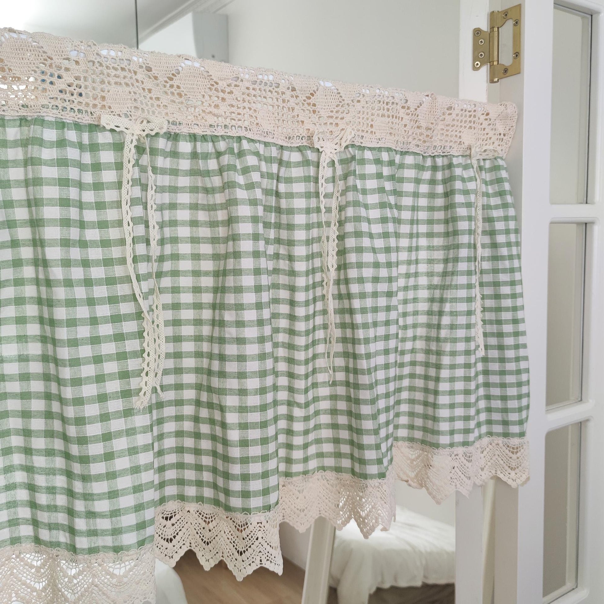 Green Gingham Crochet Cafe Curtains Valances with Lace, Farmhouse Country Kitchen Short Curtain, Cotton Linen Curtain, Custom Curtains Sizes