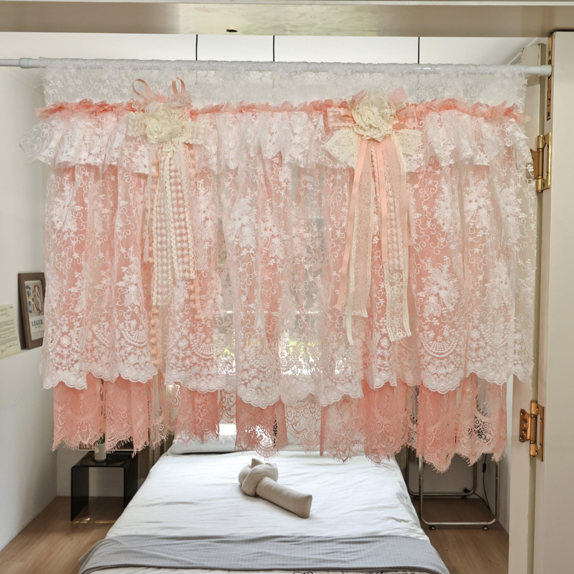 Custom Orange Pink & White Lace Curtains, French Style Embroidery Flowers Valance, Shabby Chic Boho Window Curtains Valance, Cafe Curtains