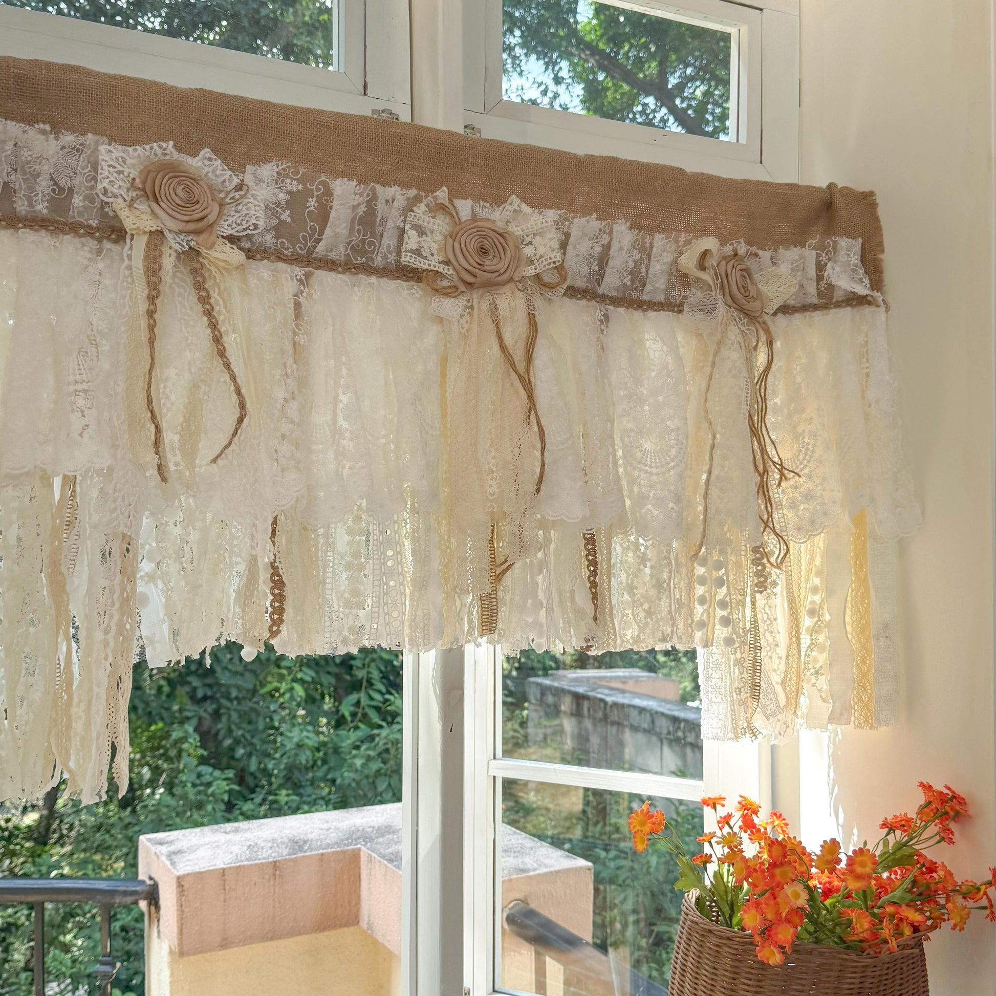 Rustic Unique Burlap Beige ivory Lace Valance, Burlap Farmhouse Kitchen Swag Window Curtain, Shabby Burlap Beige Lace Curtain, Custom Sizes