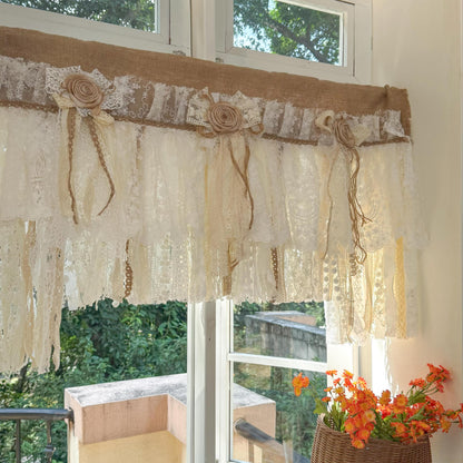 Rustic Unique Burlap Beige ivory Lace Valance, Burlap Farmhouse Kitchen Swag Window Curtain, Shabby Burlap Beige Lace Curtain, Custom Sizes