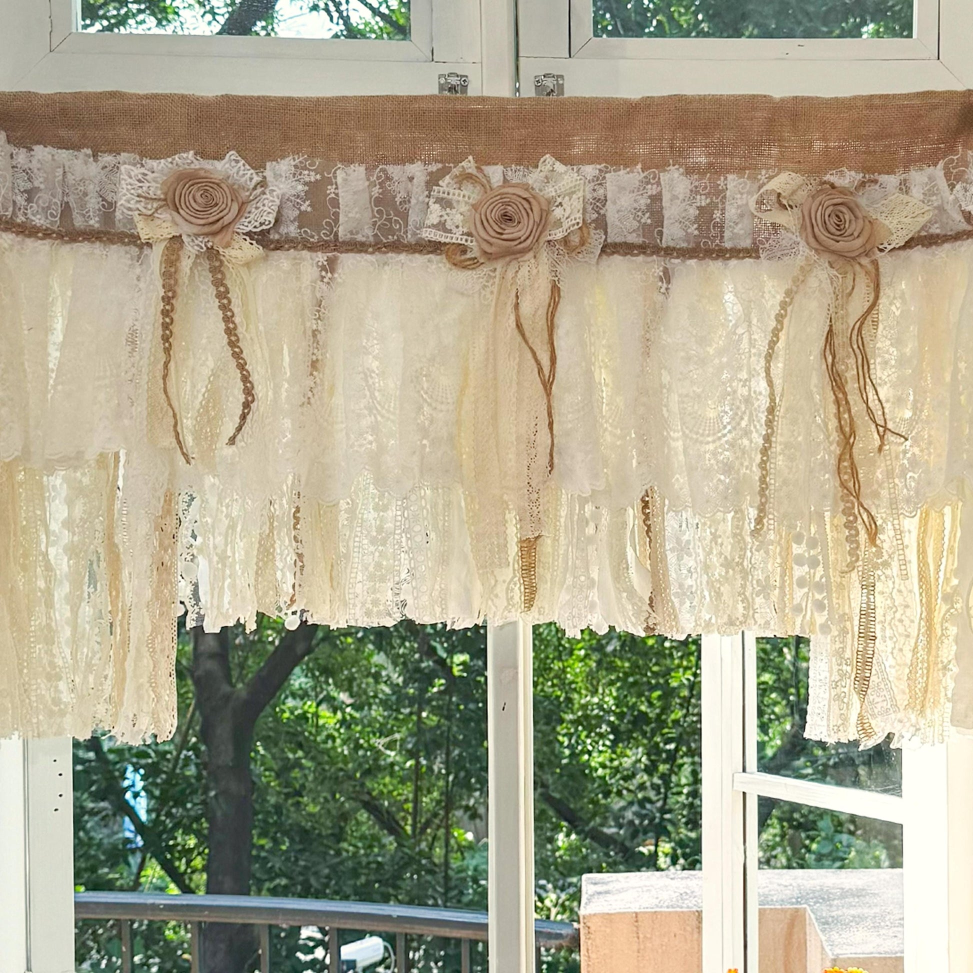 Rustic Unique Burlap Beige ivory Lace Valance, Burlap Farmhouse Kitchen Swag Window Curtain, Shabby Burlap Beige Lace Curtain, Custom Sizes