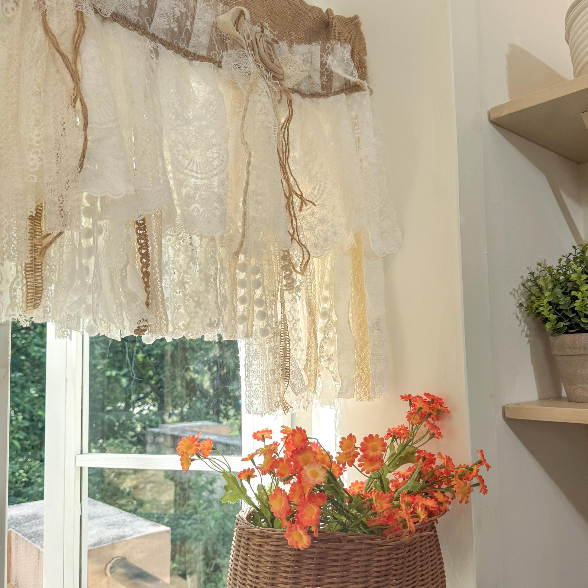 Rustic Unique Burlap Beige ivory Lace Valance, Burlap Farmhouse Kitchen Swag Window Curtain, Shabby Burlap Beige Lace Curtain, Custom Sizes