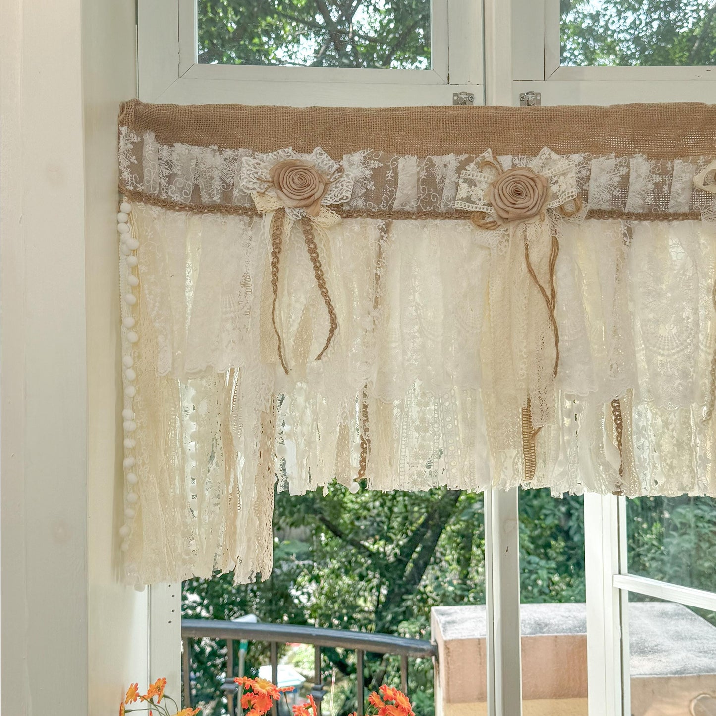 Rustic Unique Burlap Beige ivory Lace Valance, Burlap Farmhouse Kitchen Swag Window Curtain, Shabby Burlap Beige Lace Curtain, Custom Sizes