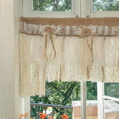 Rustic Unique Burlap Beige ivory Lace Valance, Burlap Farmhouse Kitchen Swag Window Curtain, Shabby Burlap Beige Lace Curtain, Custom Sizes