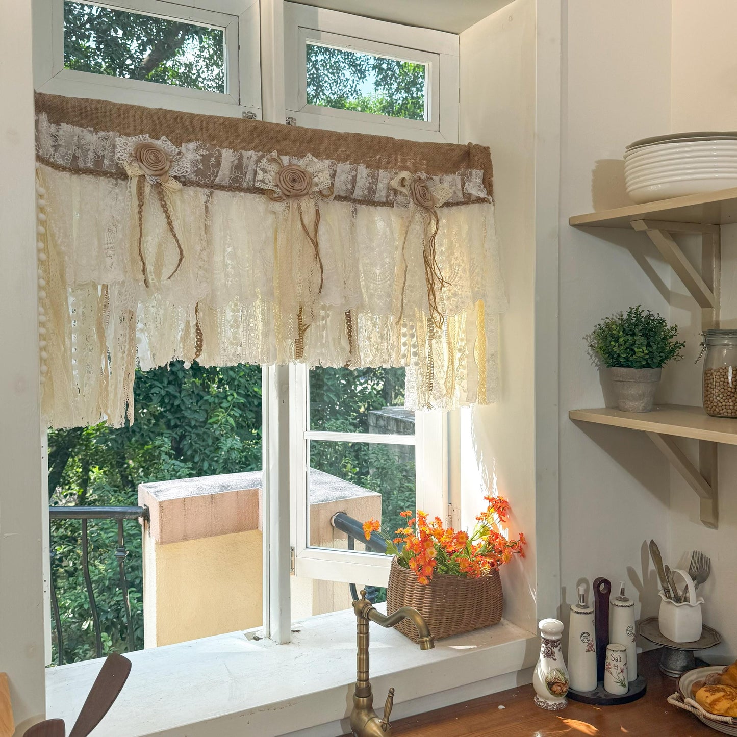 Rustic Unique Burlap Beige ivory Lace Valance, Burlap Farmhouse Kitchen Swag Window Curtain, Shabby Burlap Beige Lace Curtain, Custom Sizes